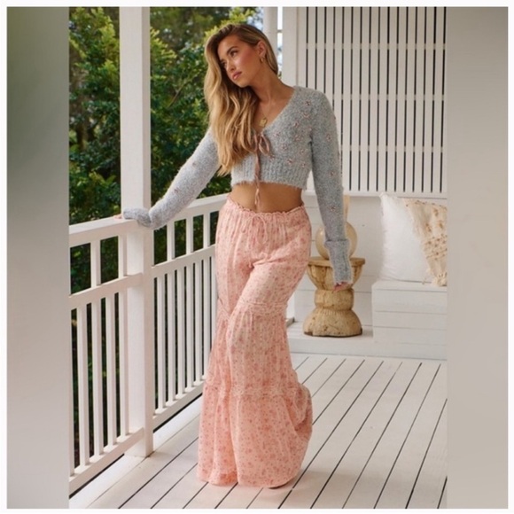 New Free Peoplel Emmaline Tiered Floral Wide Leg Pull-On Pants Peach Combo Sz L - Picture 1 of 16